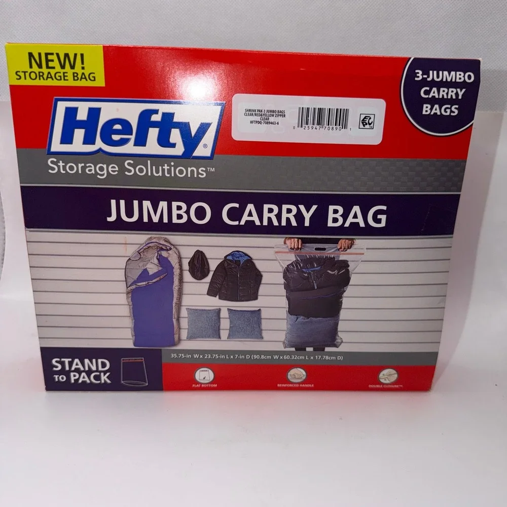 Hefty Jumbo 3 Pack‎ Storage Carry Bags Clear Stand to Pack Home Organization NEW